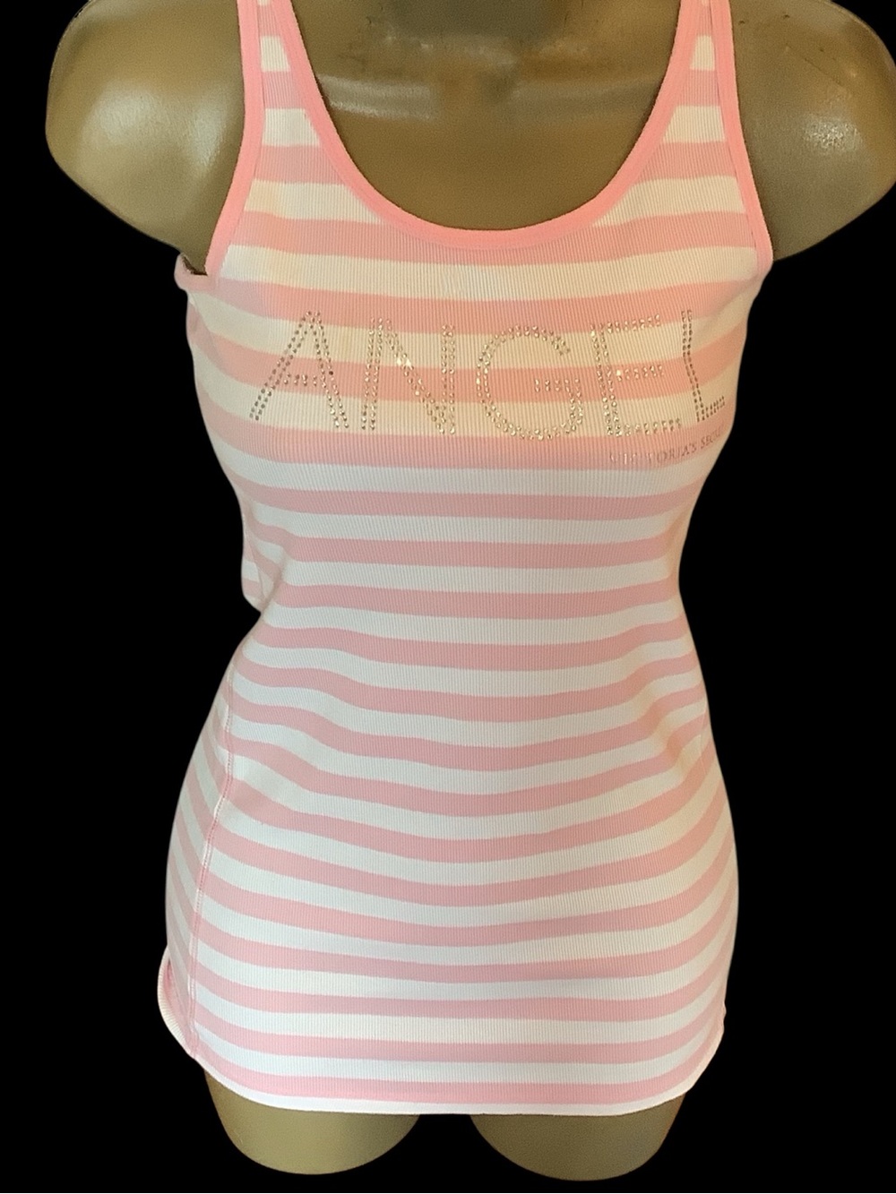 Victoria’s Secret Pink & White Striped 'ANGEL' Rhinestone Tank Top. Sz. L - Picture 3 of 5